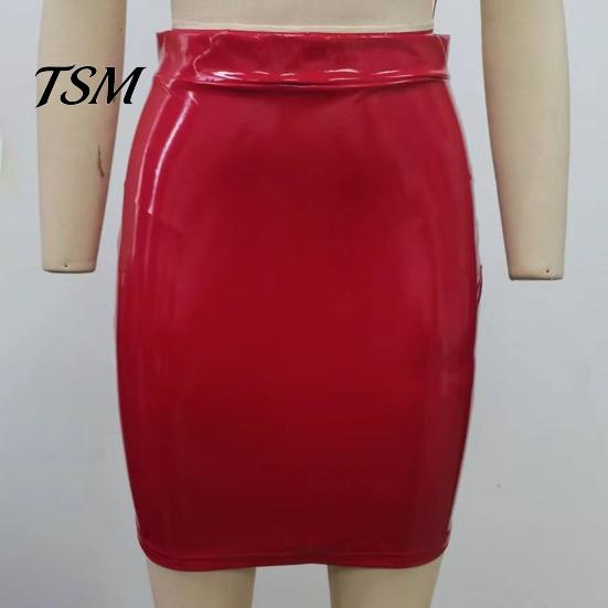 High Waist Skirt Women Club Faux Leather Skinny Sheath Zipper Closure Solid Slimming Color Glossy Surface Slim Fit Knee Length Lady Party Dating