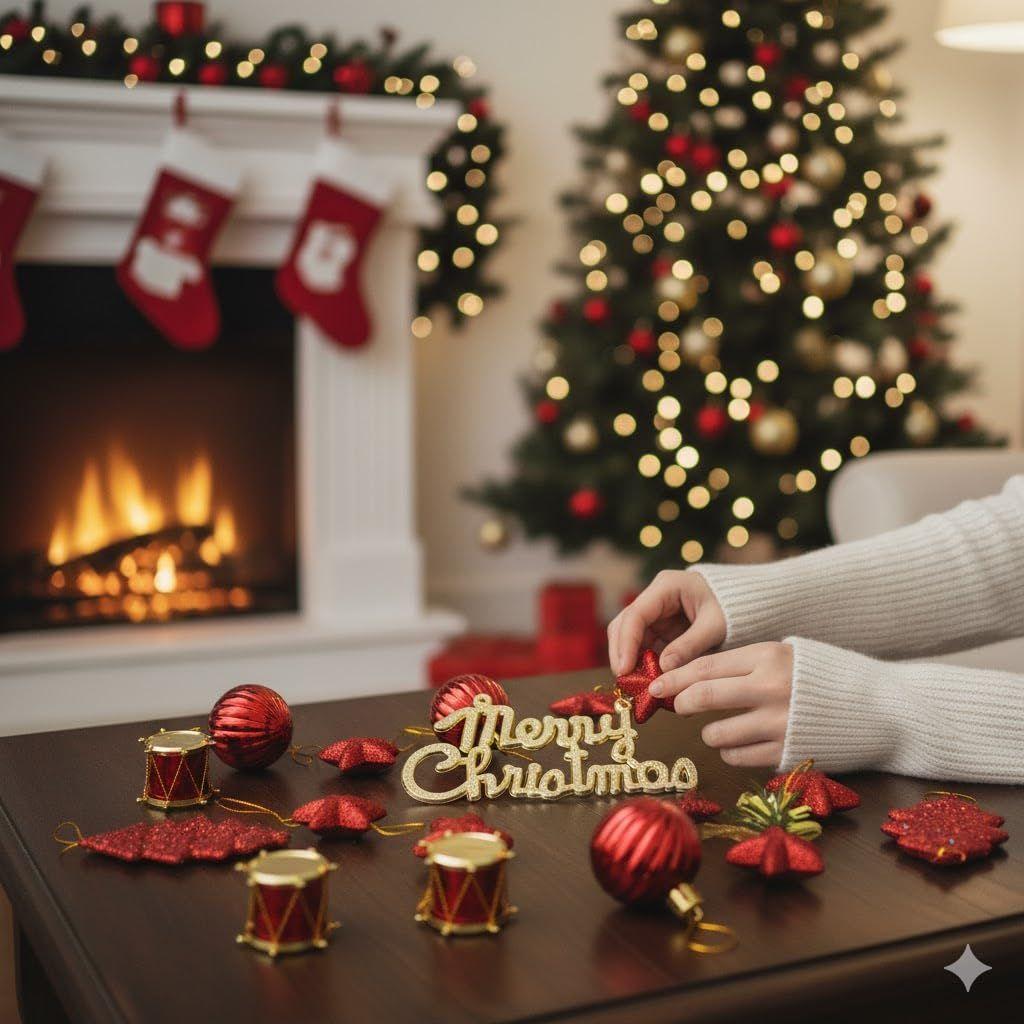 Christmas Tree Decoration Items Merry Xmas Cutout Stars Bells Drums Balls Pine Tree for Decoration (Pack of 24) Christmas Hanging
