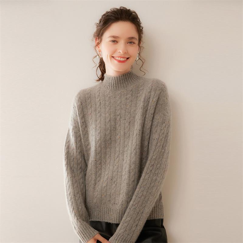Lekasha Women's Cashmere Cable Knit Sweater - Loose Fit & Slimming Base Layer, Half-High Neck, Autumn/Winter.