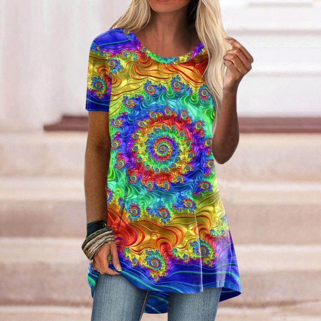 Women's Round Neck Short Sleeve Geometric Print Tunic Top Casual Asymmetrical Hem Blouse