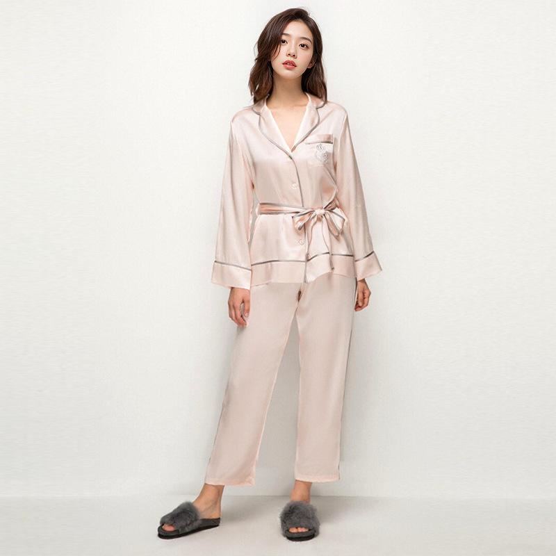 Mullbärssiden Dam Nattlinne Pyjamas Ficka Långärmad Dam Vardagsnattlinne Byxor 2 Delar Sidensbälte Dam Sovkläder