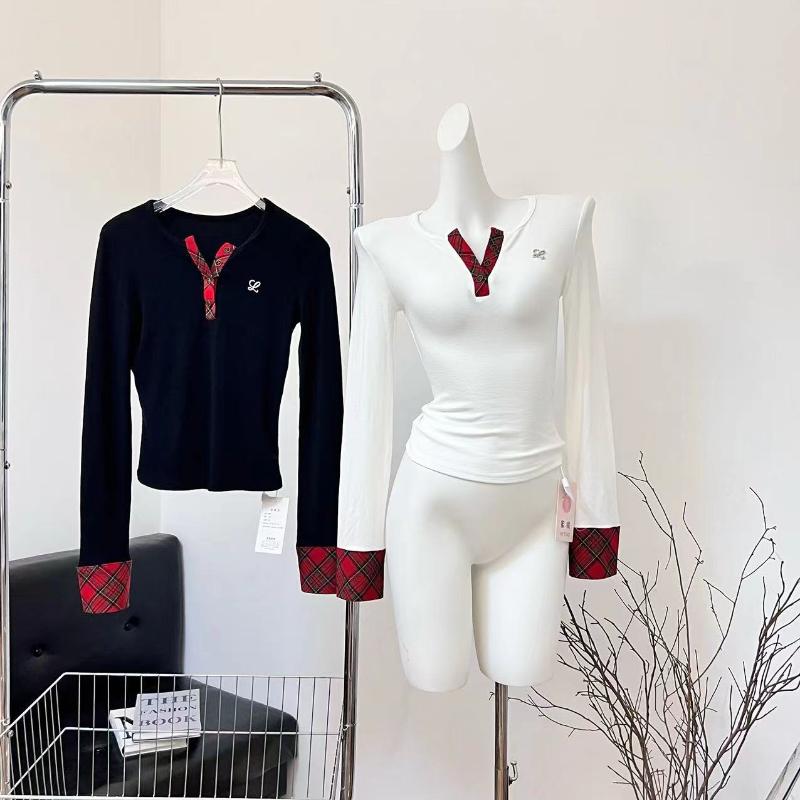 T-shirts à Carreaux de Créateur de Mode Coréen pour Femmes Automne Hiver Patchwork Manches Longues Esthétique Vintage Années 2000 Tendance Hauts Col Rond