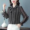 Summer New Bow Scarf Collar Ruffled Bottoming Shirt Women's Fashion Floral Chiffon Shirt Long Sleeved Top Mom's Blouse 4XL