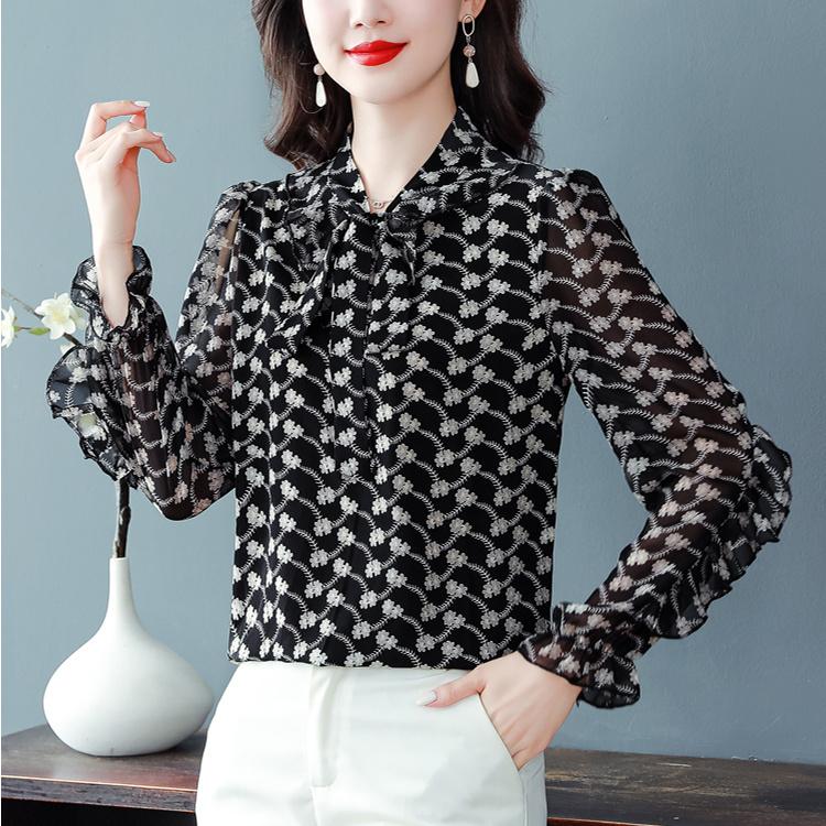 Summer New Bow Scarf Collar Ruffled Bottoming Shirt Women's Fashion Floral Chiffon Shirt Long Sleeved Top Mom's Blouse 4XL