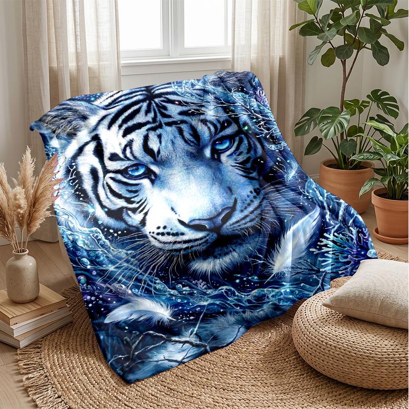 Blue Tiger Fantasy Blanket Personalized Name Flannel Blanket Soft Cozy Plush Throw for Sofa Bed Lightweight Home Decor