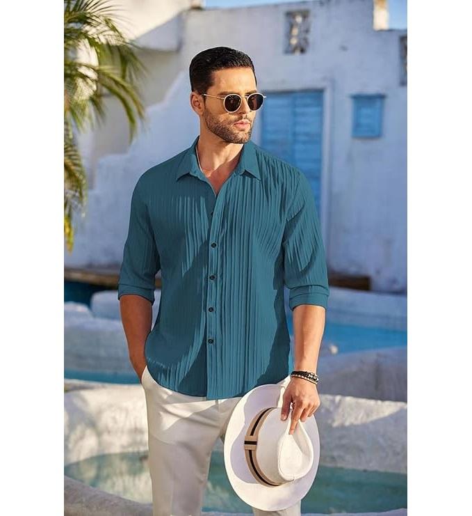 Men's Casual Button Down Shirts Long Sleeve Linen Shirt Fashion Textured Beach Summer Shirt