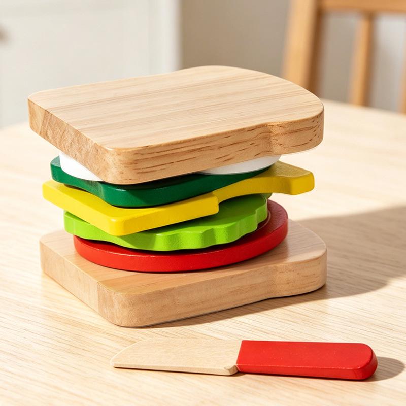 Wooden Play Food Set: Hamburger, Fries, Sandwich, and Kitchen Utensils for Kids