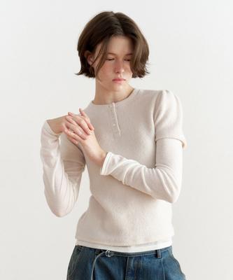 COVERNAT WOMAN Henley Neck Layered Long Sleeve Beige