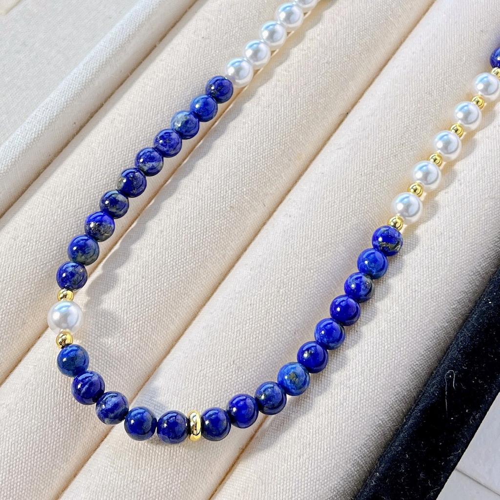 High Quality Natural Lapis Lazuli Artificial Crystal Pearl Necklace Collarbone Chain