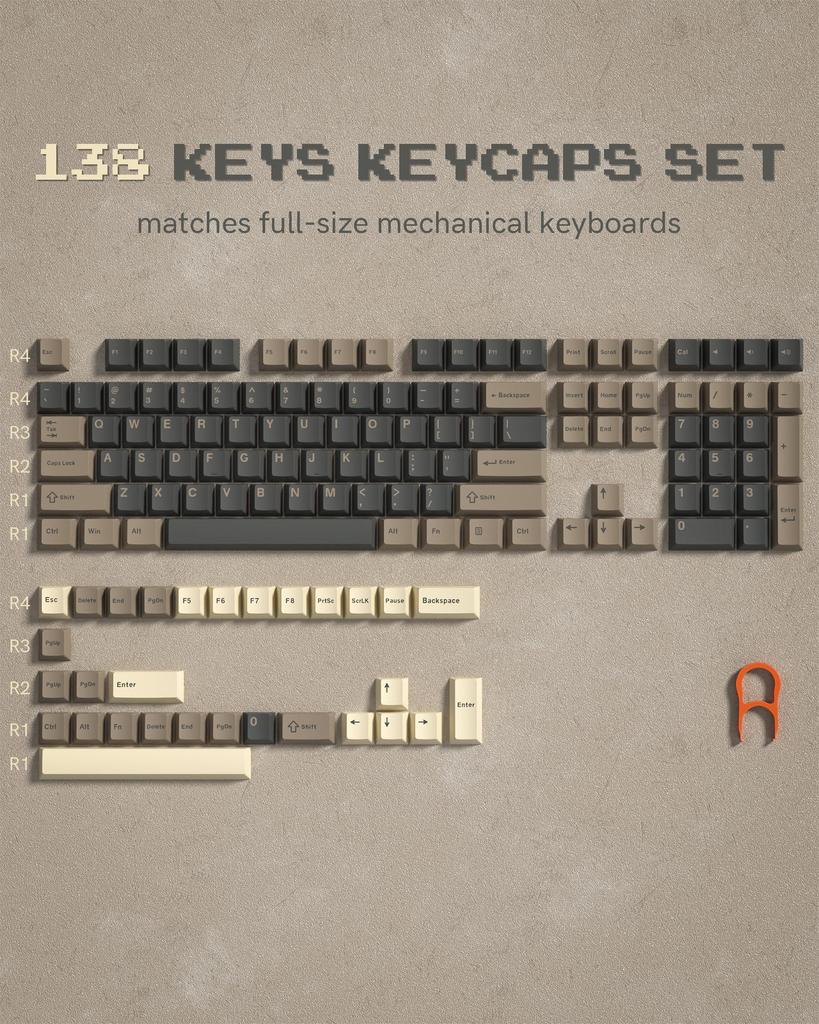 138 Key Keycap Double Shot PBT Keycap Cherry MX Gateron Switch Mechanical Keyboard BOW 60%65%70%100% (Gray, Brown)