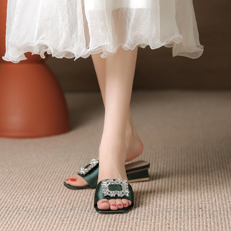 Fashion Elegant Jewel Slides Women Shoes Open Toe Flat Heels Slip On Mules Crystal Slippers Brand Rhinestone Square Buckle Sandals Mujer