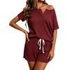 Women V Neck Short Sleeve Drawstring Shorts Set Textured Knit Loungewear Pajama Set for Home and Casual Wear