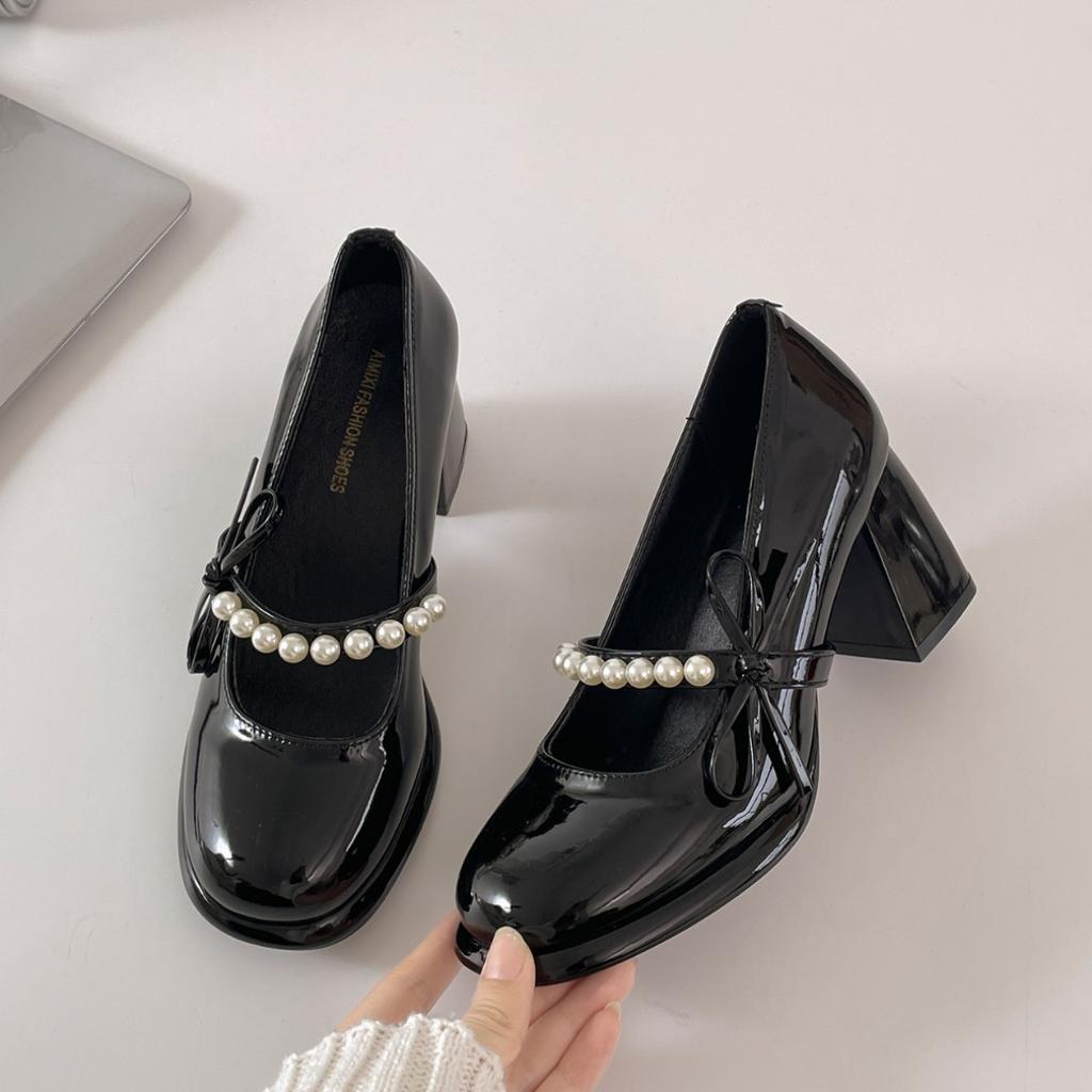 Black French Retro Rough High Heel Light Mouth Single Shoes Women's 2025 New Summer with Skirt Bow Mary Jane Shoes
