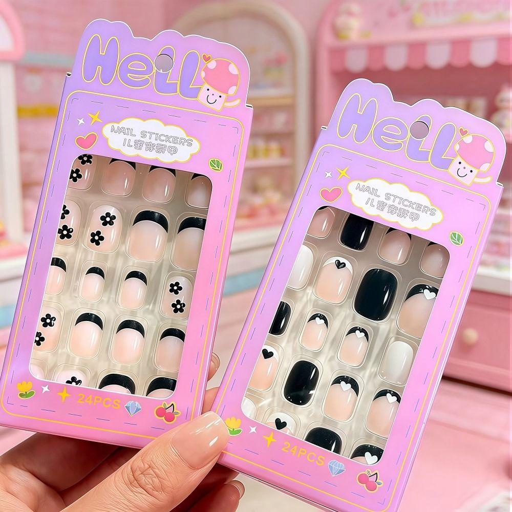 24Pcs/Box Cartoon Kids Press On Nails Black Flower French Tips False Nails Full Cover Fake Nails for Children Daily Holiday Wear