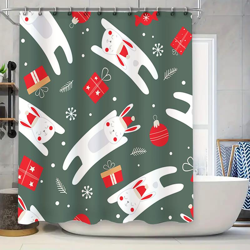 

Waterproof Shower Curtain Featuring Festive White Bunnies With Red Ribbons And Christmas Presents In Green Background Perfect Fo W60H190(CM)-1 Pcs