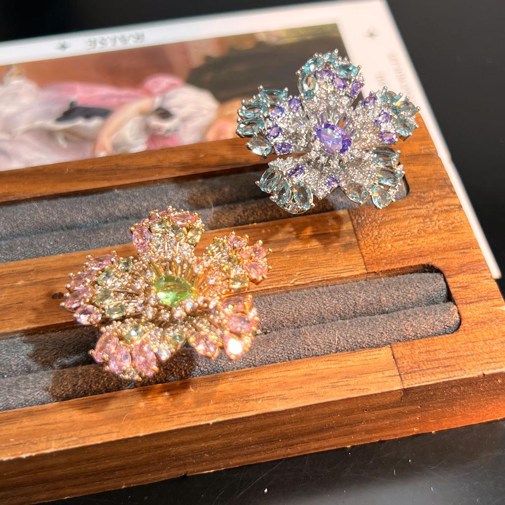 Light Luxury Jewelry Zircon Flower Ring, High-end Dense Inlaid Versatile Open Ring