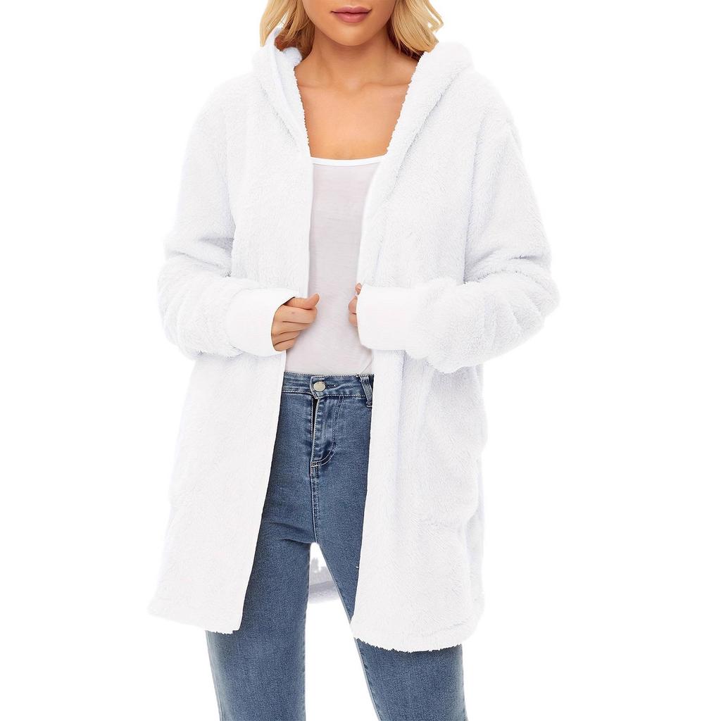 New Style Warm Women's Double-sided Plush Hooded Cardigan with Drawstring Pockets and Windproof Jacket