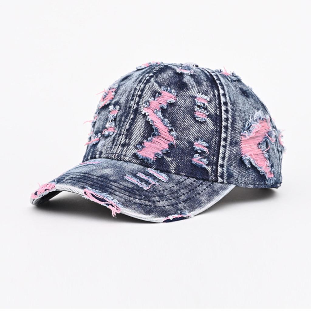 Distressed Denim Baseball Cap with Torn Detailing and Adjustable Strap for Casual Unisex Use Outdoor Activities