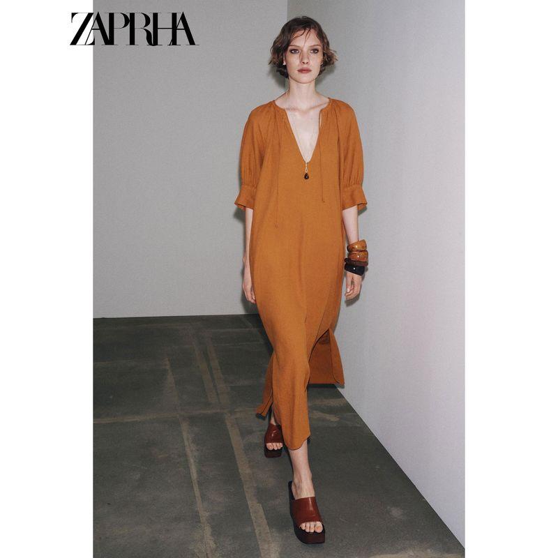 Zaprha 2025 Summer New Bow Series Adjustable round Neck Puff sleeve Long Sweater Type Dress 8192175