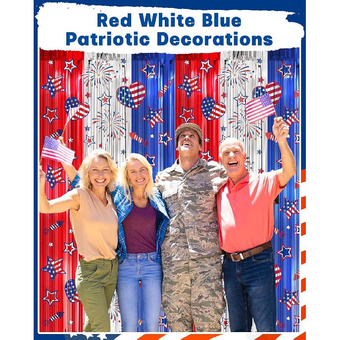 4th of July Decorations Foil Fringe Curta for Memorial Day, 2 Pack Fourth of July Decor Party Backdrop Red White and Blue Tel Streamer, Patriotic
