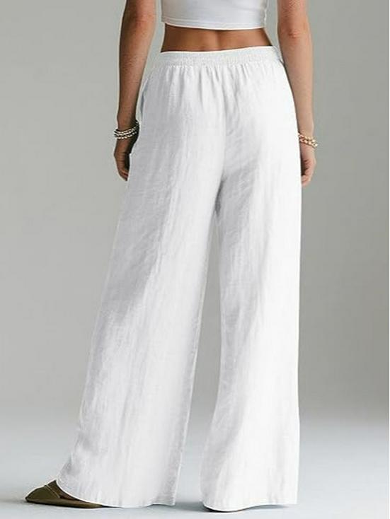 Women's Flowy Linen Wide-Leg Pants - Summer Beach Travel Wear with Elastic Waist & Pockets