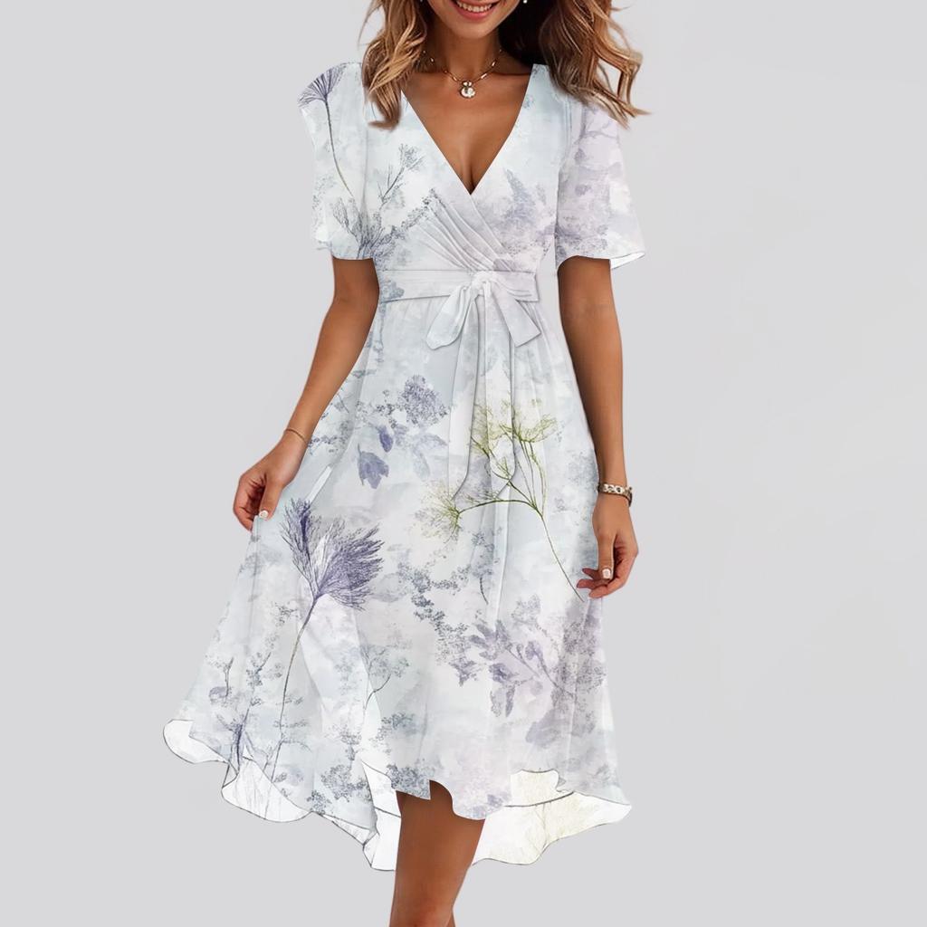 Damenmode Lässig V-Ausschnitt Kurzarm Rüschen Vintage Bedruckte Kleider