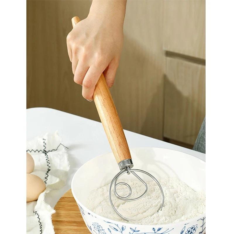 13inch Danish Dough Whisk Stainless Steel Dutch Style Bread Dough Hand Mixer Wooden Handle Kitchen Baking Tools Artisian Blender
