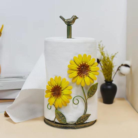 Kitchen Paper Towel Rack Vertical No-Drill Holder with Weighted Base Sunflower Design Dispenser for Kitchen Bathroom