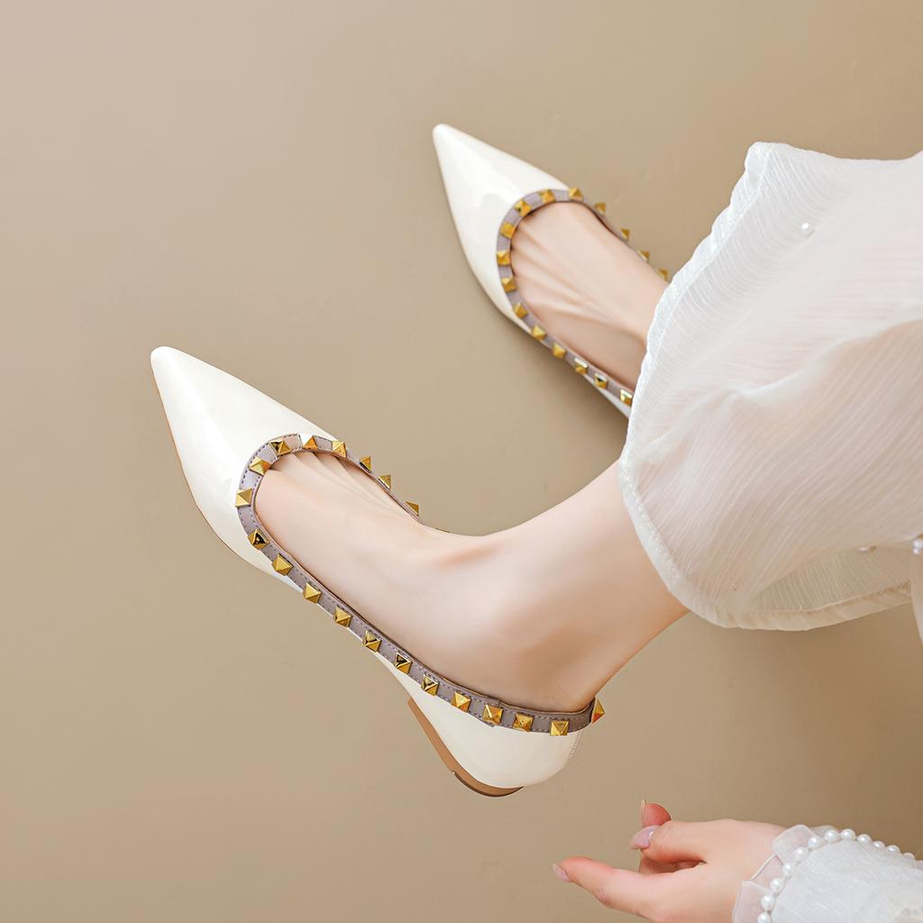 Scarpe Basse a Punta Stile Francese per Donna, Scollo Basso, Borchiate, Suola Morbida, Scarpe da Sera