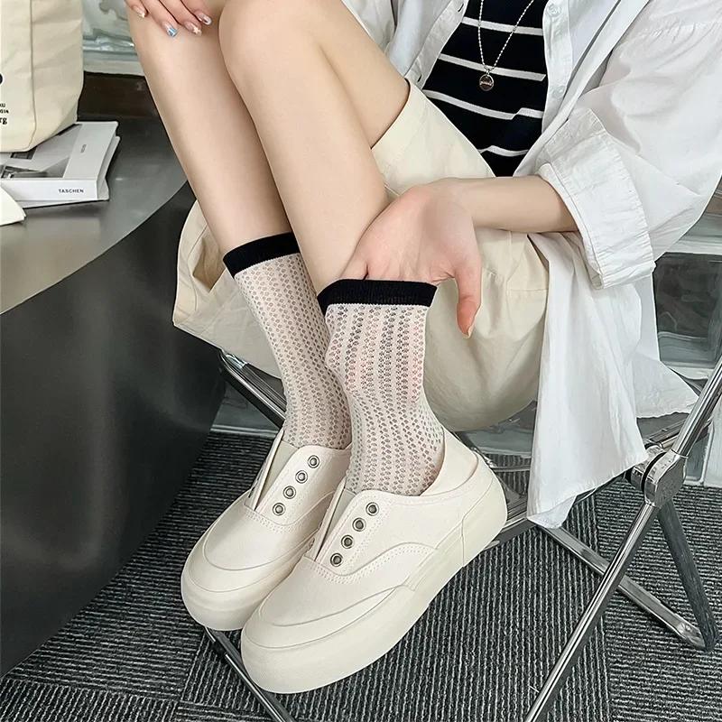 Summer Women Socks Hollow Out Mesh Thin Breathable Elastic Long Socks Korean Fashion Solid Color School Girls Crew Socks Women