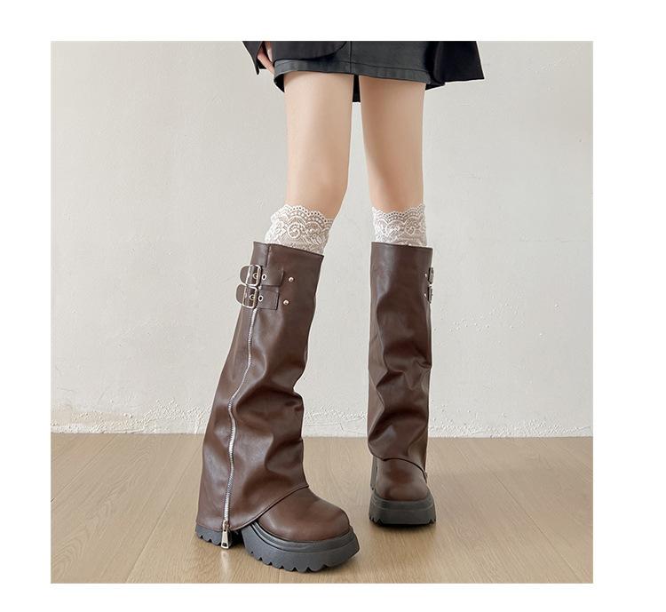 Svarta retro platåstövlar med tjock klack dam 2025 nya höst brittisk stil smala men knähöga byxstövlar