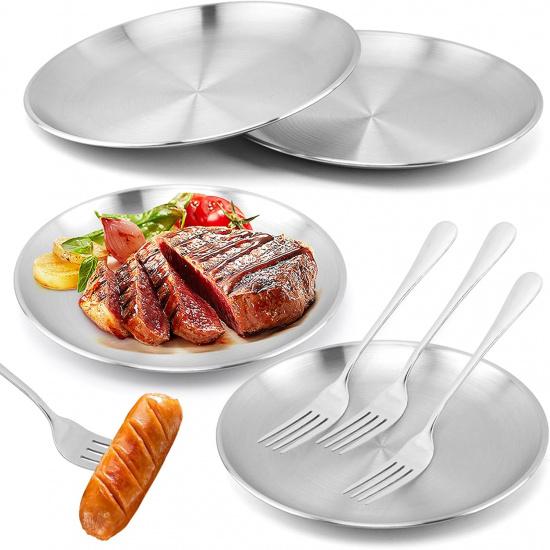 8 Pack Stainless Steel Plates, 8 Inches Metal Dinner Plate with Forks, Round Serving Camping Plates for Serving Dishes Dessert Salad, Unbreakable &