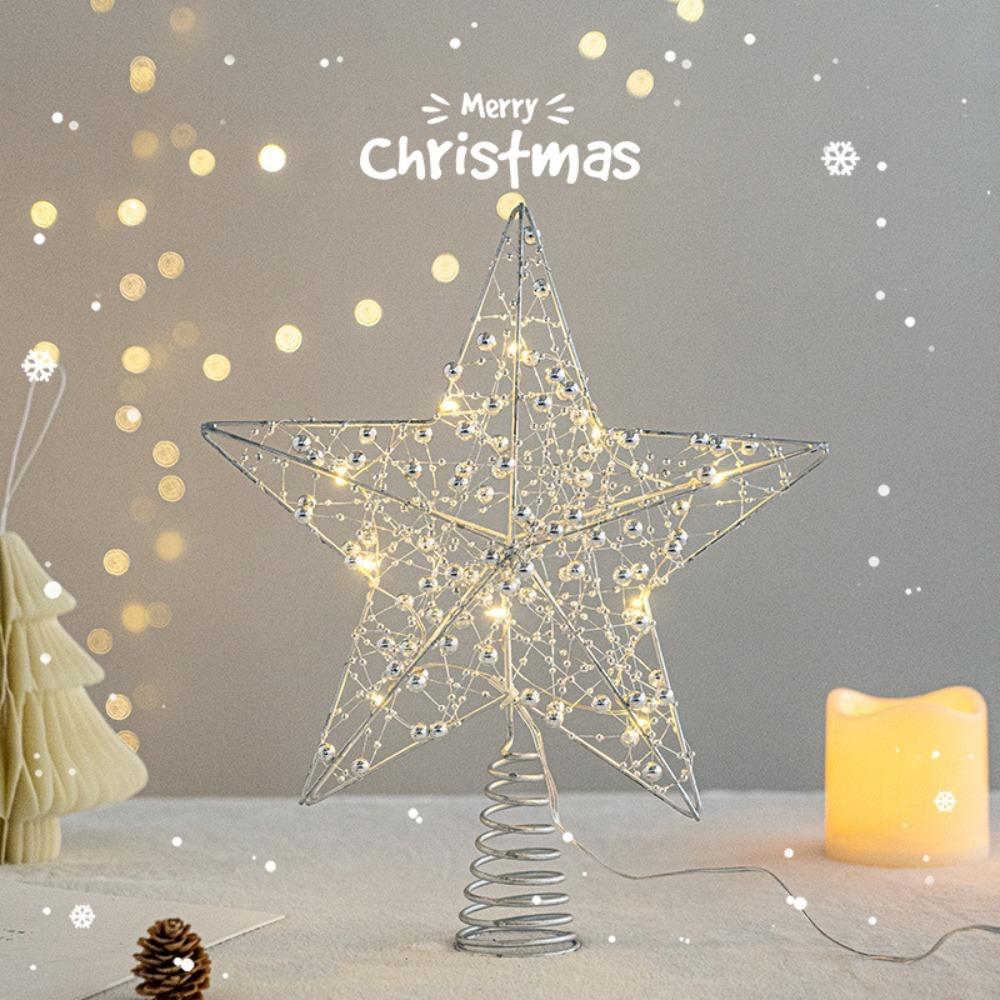 Gold Iron Xmas Tree Ornaments Pearl Wire LED Glowing Star Lamp New Home Decoration Party Decor