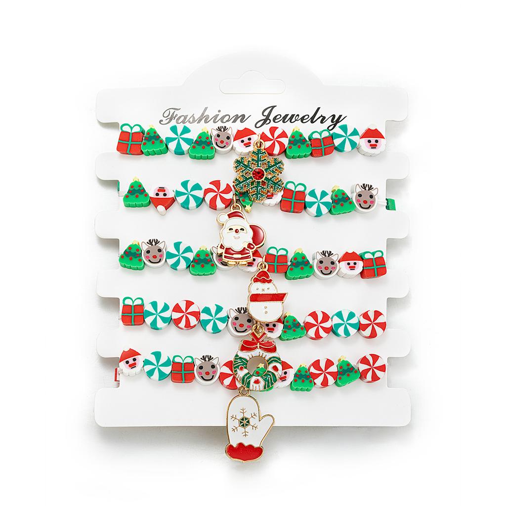5 Pieces of Christmas Soft Pottery Bracelets, Cute Oil Dripping Snowman, Santa Claus Gloves Pendant, Multiple Bracelets