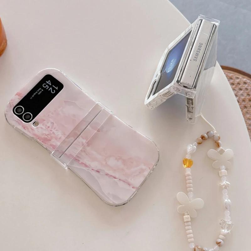 Korean Marble Texture Painted Case For Samsung Galaxy Z Flip 6 5 4 3 5G Flip4 Flip5 3-piece Set Flip6 Cute Anti-Scratch Cover