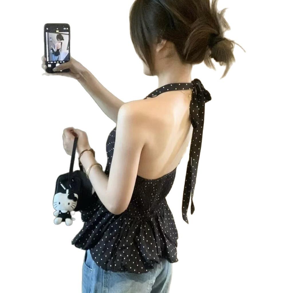 French Chic Black Polka Dot Neck V-Neck Vest Suspender Women's Summer Pure Wearing Short Sleeveless Top