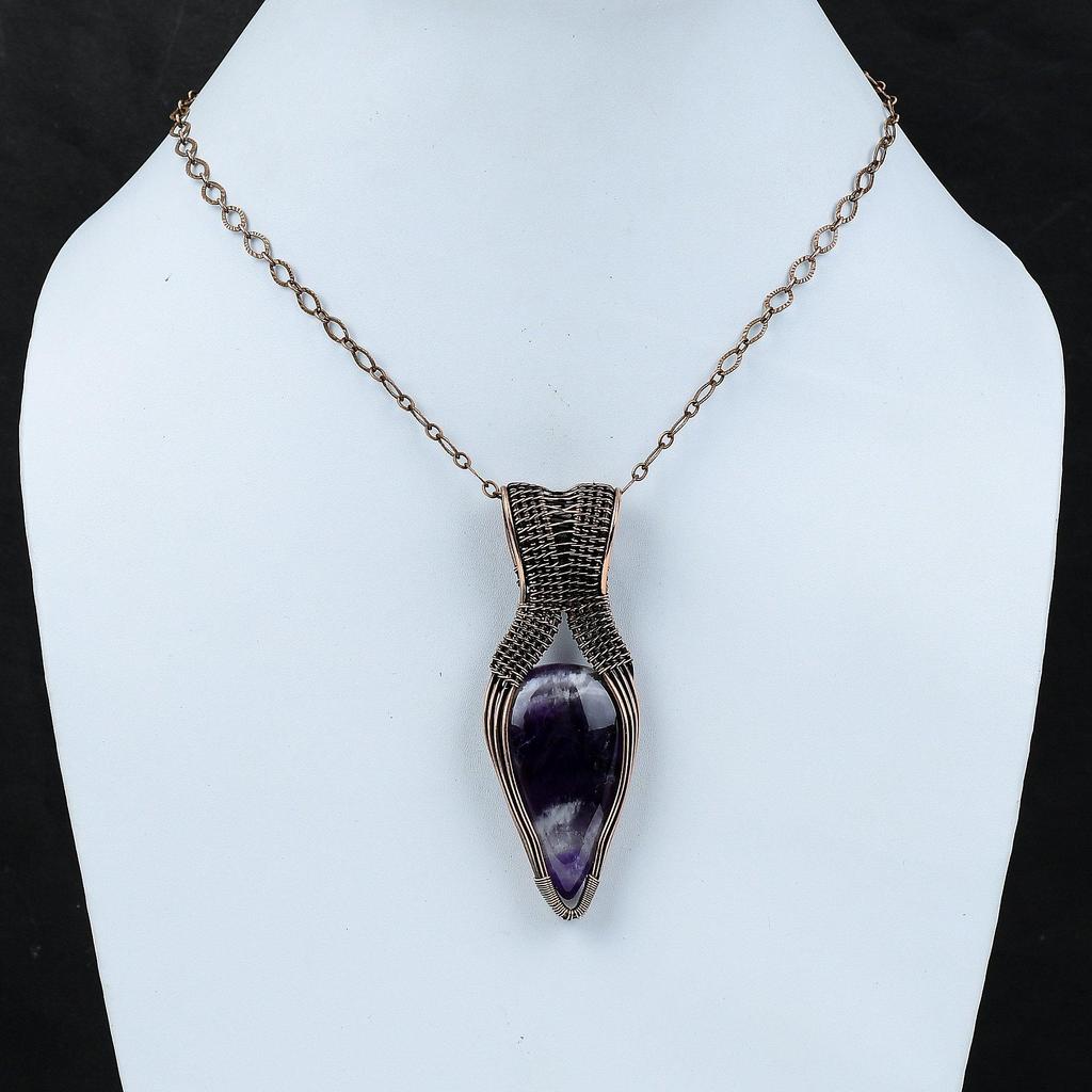 Chevron Amethyst Copper Pendant Copper Wire Wrapped Jewelry Original Gemstone Pendant Copper Wire Pendant Handmade Jewelry Anniversary Gift