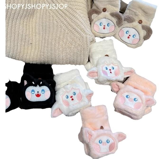 Korean Version of Cute Cartoon Flip Gloves for Women In Winter Warmth Plus Velvet Thickened Half Finger Exposed Finger Windproof Riding Gloves