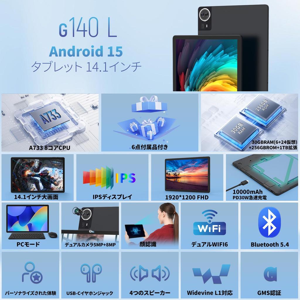 Android 15 FHD IPS Large 10000mAh 30WPD Fast 6 PC Widevine L1 Facial Bluetooth 4 Wireless Split GMS Includes Protective and Headphones Tablet, 14-inch