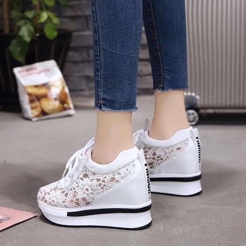 Dames Zomer Mesh Kant Schoenen Dikke Zolen Wedge Instappers Sneakers Vrouwelijk Grote Maat Hol Uit Casual Ademende Schoenen