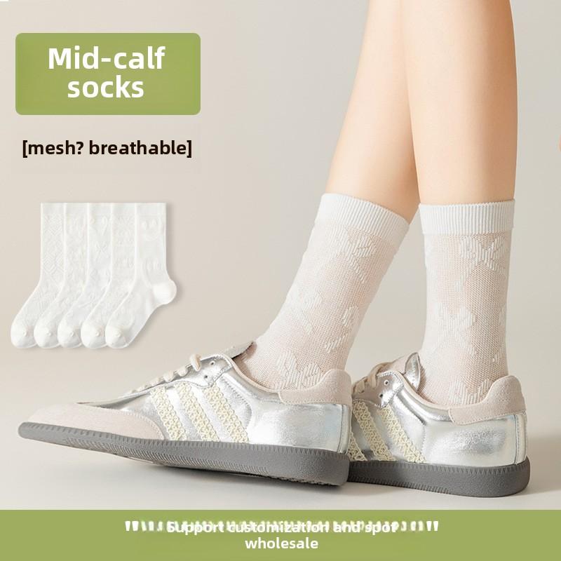 

5 Pairs of Women s Summer Thin Cotton Antibacterial Mesh Breathable Bow Mid Tube Pile Socks 5 Pairs