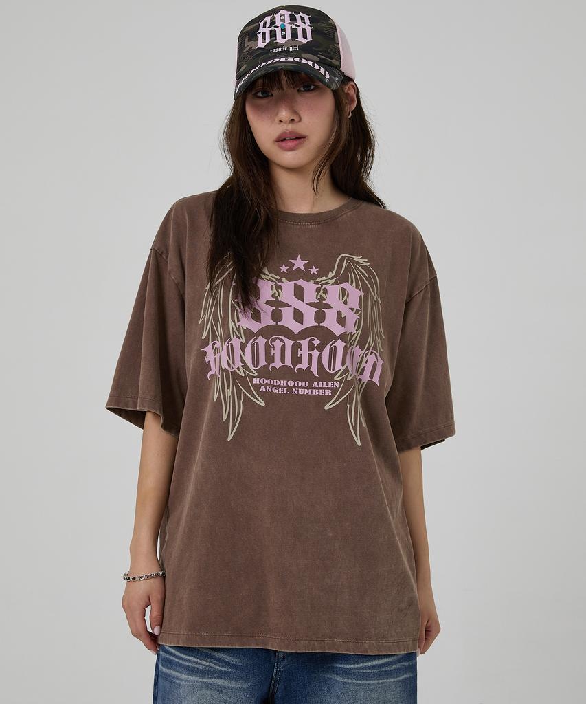 HOODHOOD 888 Angel Graphic Washed Short Sleeve T-Shirt Brown