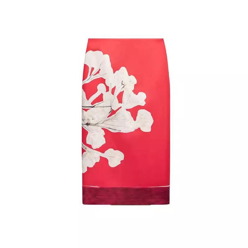

Spring/Summer New Retro Style High Waist Slit Skirt Linen Blend Print Straight Skirt 2394119 Red L