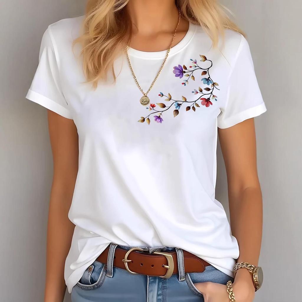 2026 Colorful Floral Round Neck Short Sleeve Casual Pure Cotton T-shirt