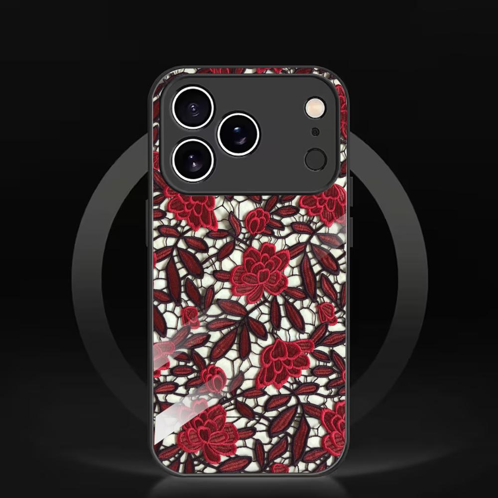 Red Floral Lace Pattern Glass phone case mobile phones for iphone 17 pro max cover for iPhone 17 16 15 14 13 12 11pm Pro Plus