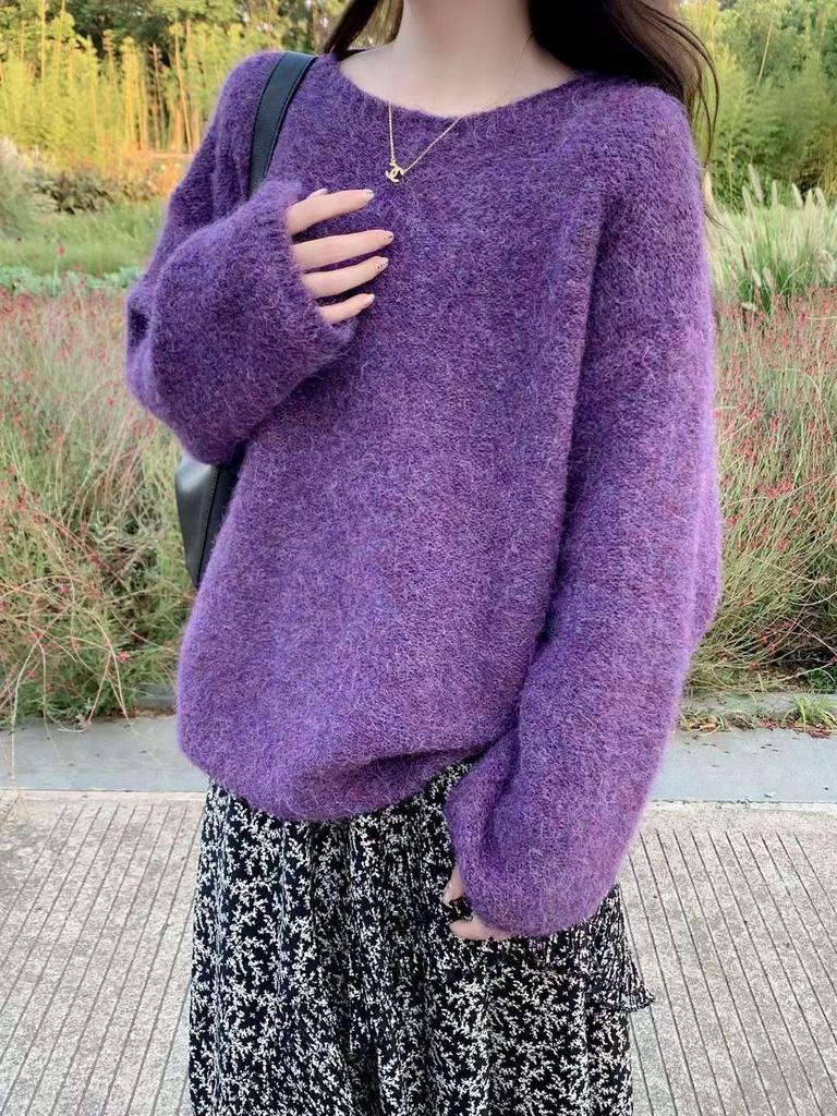 Korean Style Pink Round Neck Long Sleeve Knit Sweater for Women - Autumn/Winter Loose Warm Top