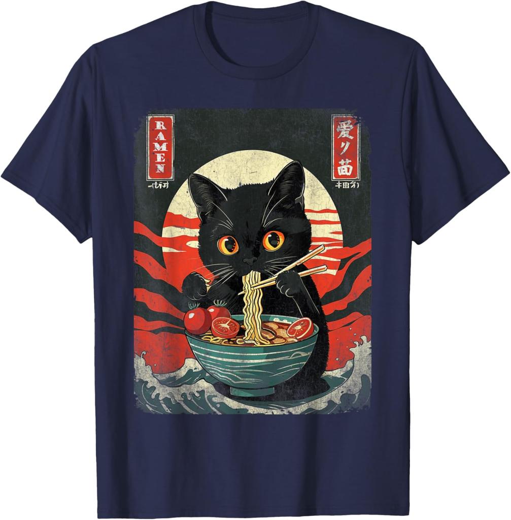 Black Cat Eating Ramen Japanese Style Graphic Tee Men Casual Short Sleeve T-Shirt