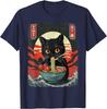 Black Cat Eating Ramen Japanese Style Graphic Tee Men Casual Short Sleeve T-Shirt