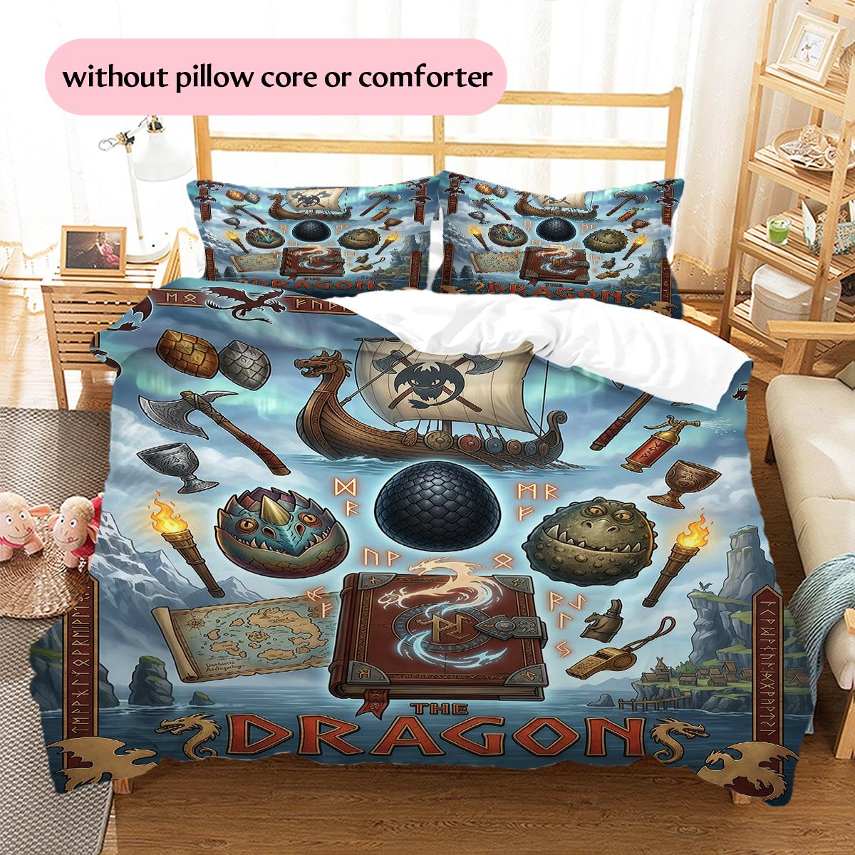 

How to Train Your Dragon Vintage Viking Pattern Bedding Home Decoration Festival Gift (1 * duvet cover + 2 * pillowcase, without core) 135x200cm