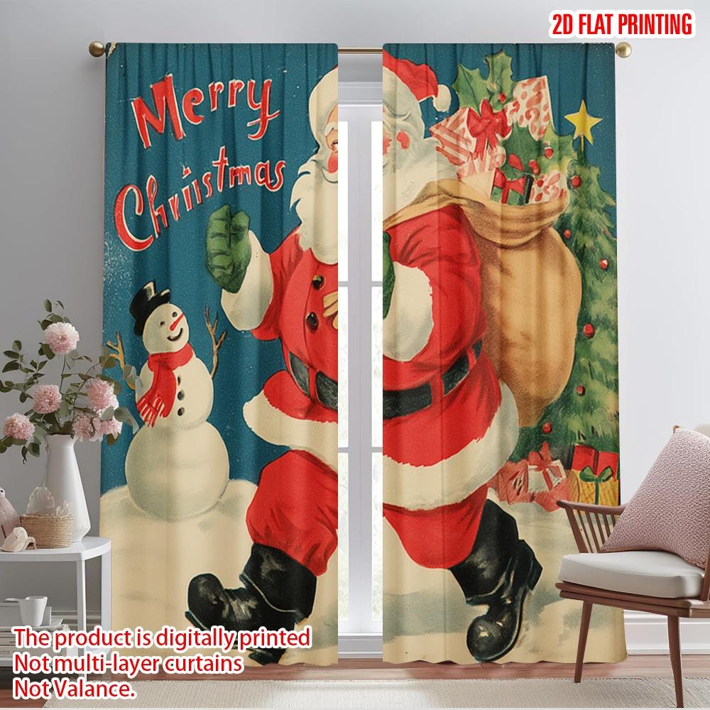 

2pcs,2D plane printing Pattern Curtains Vintage Santa Claus with Snowman & Tree Polyester Fabric (without rod) All Seasons 52.50×116.00 CM 2pcs